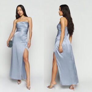 NWT Reformation Barrow Maxi Silk Dress Strapless Size 12 in Mineral Blue